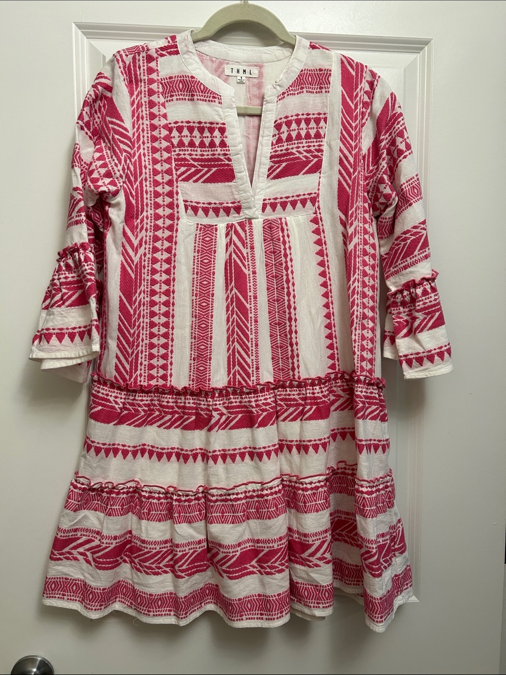 THML Pink & White Printed Tiered Mini Dress - Picture 2 of 4